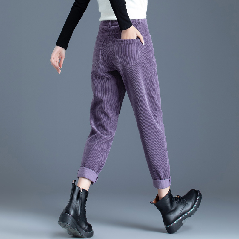 紫色条绒裤子女秋冬加绒2021新款女士哈伦裤灯芯绒女裤休闲奶奶裤