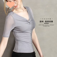 女式网纱跳舞衫韩版透明中袖T恤女修身紧身蕾丝V领显瘦五分袖上衣