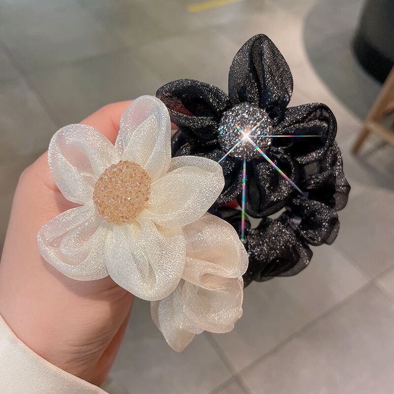 Simple Spring and Summer Mesh Five Petal Flower Hair Band Internet Celebrity 2022 New Hot Rhinestone Large Intestine Ring Rubber Band Fashion Headband for Women