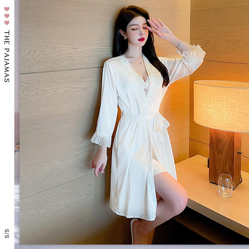 单件女士睡袍新款缎面雪纺蕾丝边性感长款系腰带家居服女士睡衣