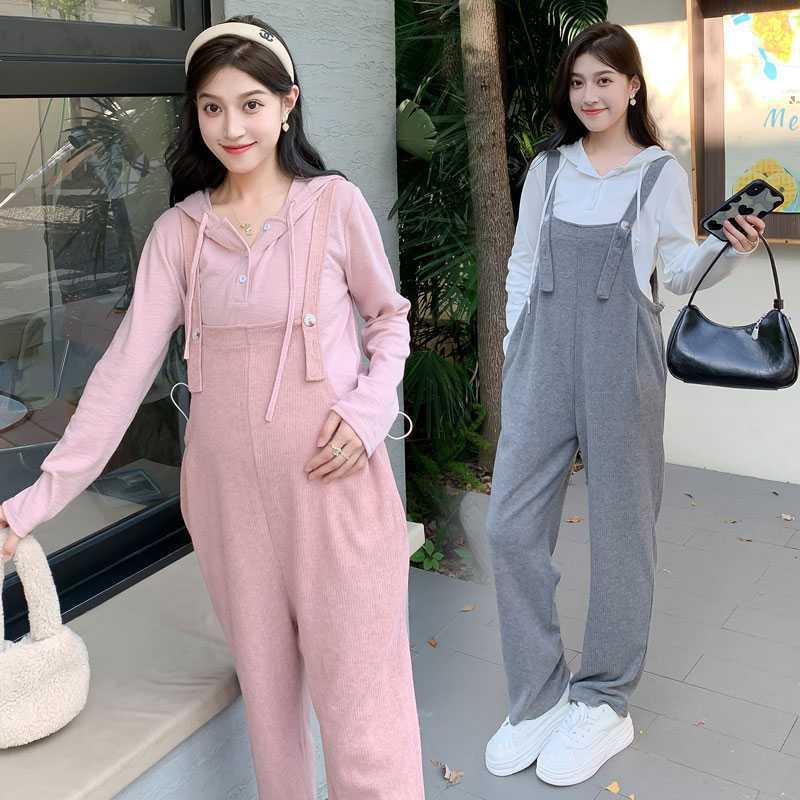 休闲款2023新款孕妇装简约时尚两件套秋冬连帽t恤 宽松孕妇背带裤