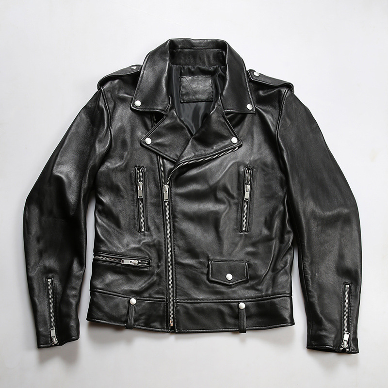 男士经典机车摩托车翻领斜拉链真皮皮衣时尚绵羊皮皮衣休闲真皮夹