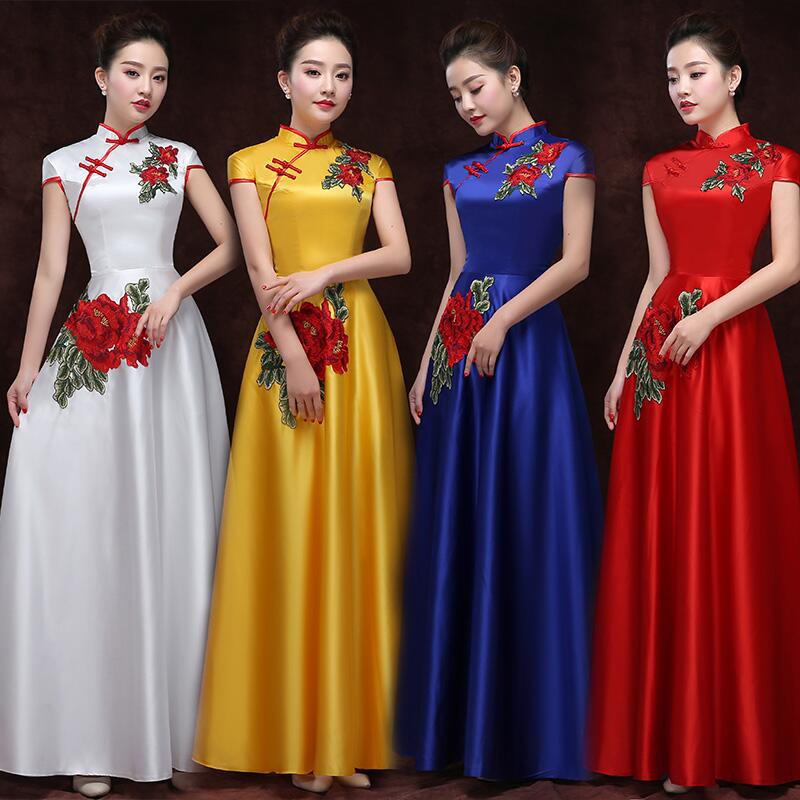 长款大摆绣花礼仪旗袍颁奖礼服礼仪迎宾酒店合唱演出服年会礼仪服