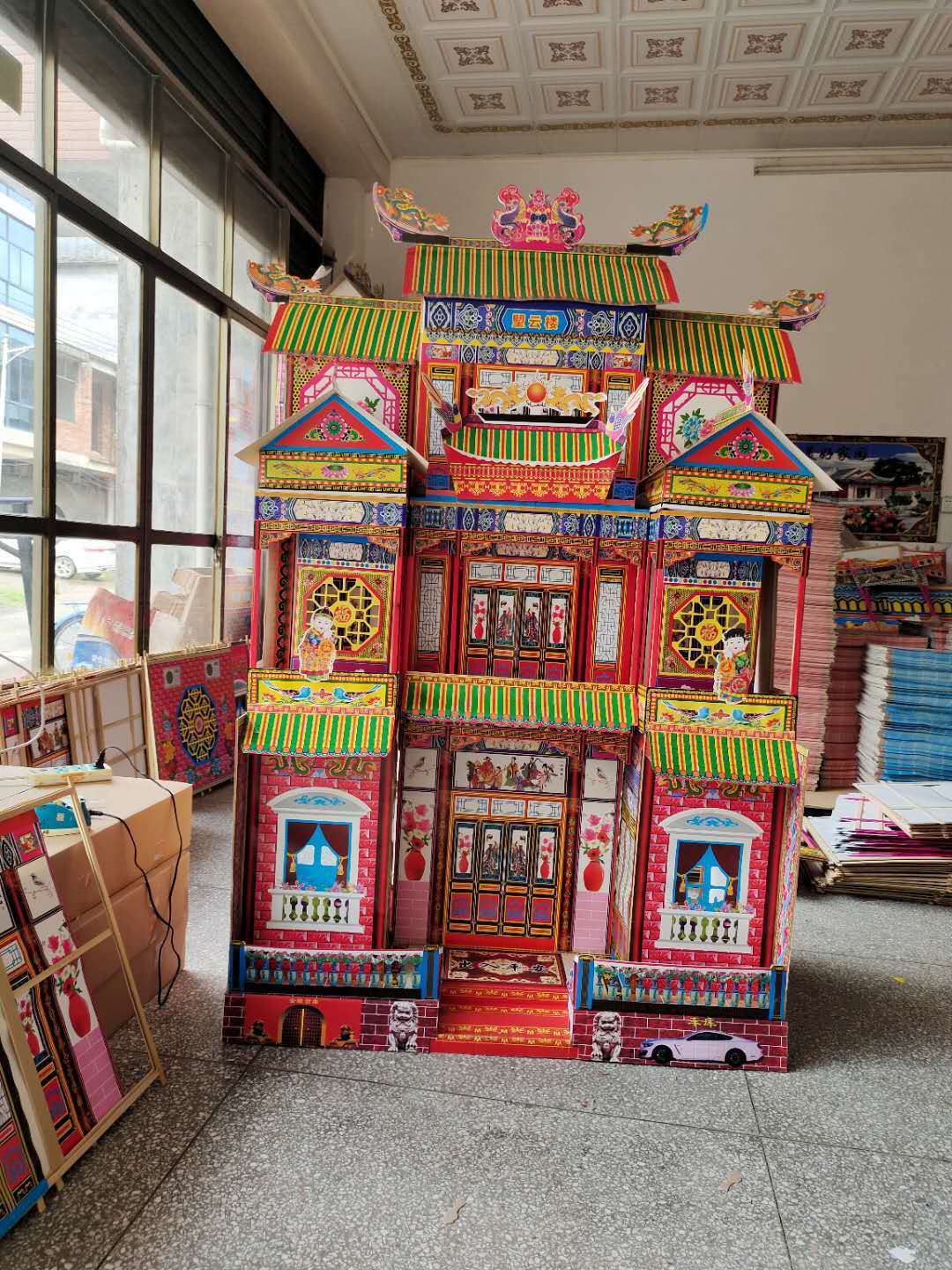 120型纸屋房子折叠组装竹片灵屋竹架冥房别墅楼纸扎灵屋丧事灵房1