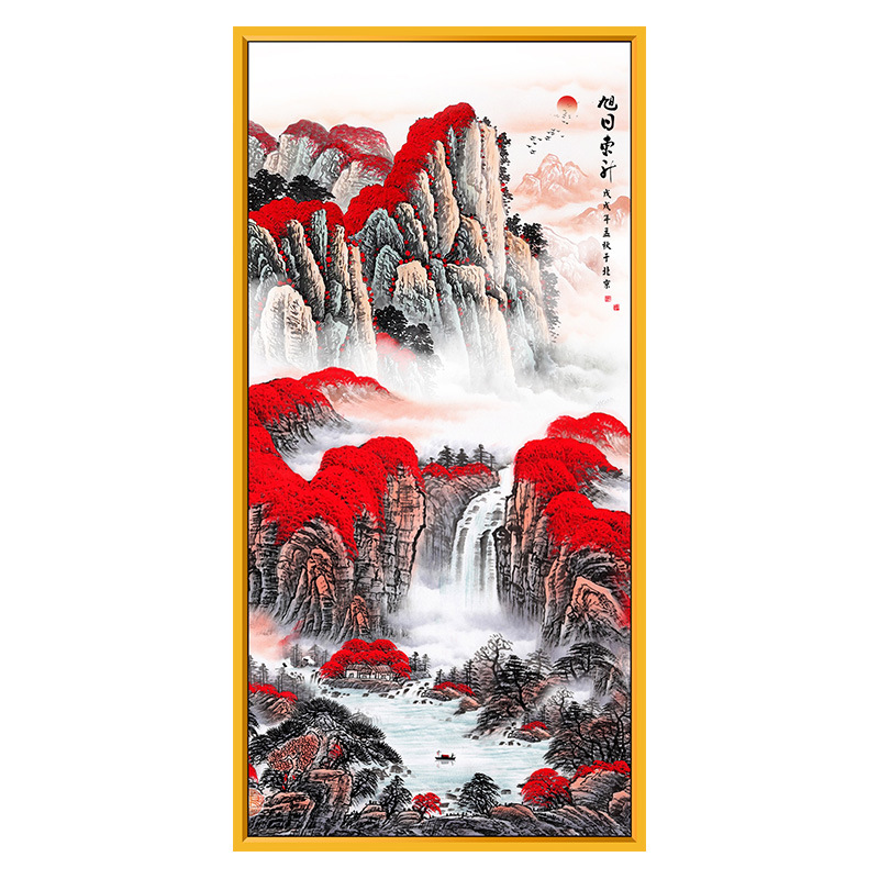 山水贴画自粘墙贴风景玄关壁画鸿运当头竖图走廊年画墙贴画背景墙