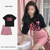 Spice Girls Cool wind printing T-shirt Pink Package hip skirt Leather skirt Two piece set Little