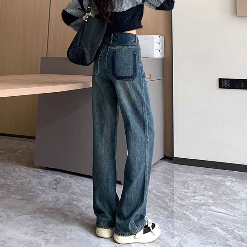 撞色皮牌牛仔裤女春夏新款u型后口袋高腰直筒裤网红阔腿拖地长裤