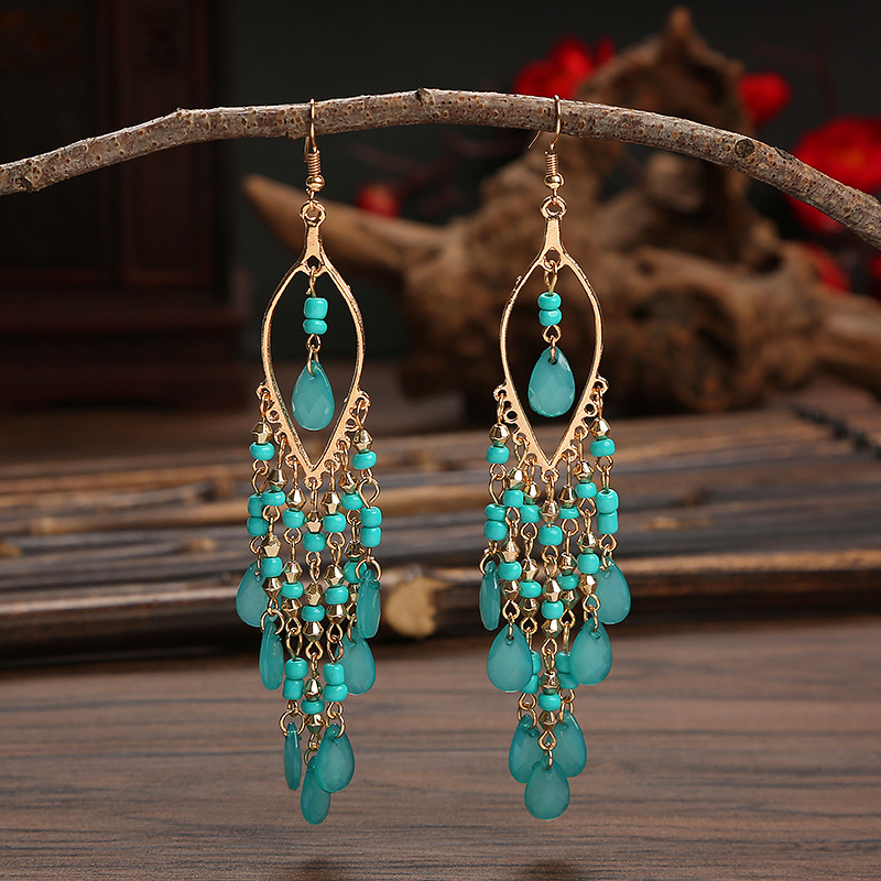 European and American Multi-Layer Water Drop Long Earrings Female Creative Bohemian Bead Tassel Ear Studs Earrings Beach Vacation Style