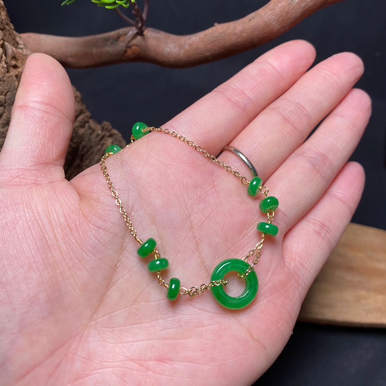 干青翡翠玉石平安扣手链 14k包金 祖母绿复古手链