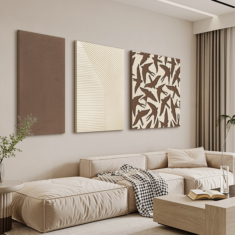 侘寂风客厅装饰画 立体砂岩三联壁画意式客厅沙发背景墙餐厅挂画