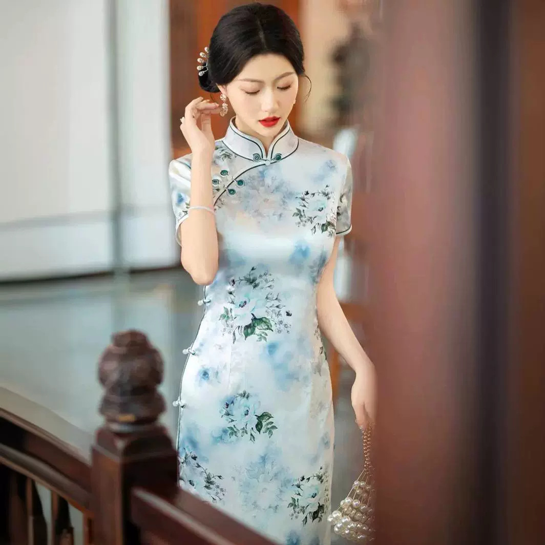 高端真丝旗袍夏2024新款改良中国风桑蚕丝连衣裙小个子年轻款气质