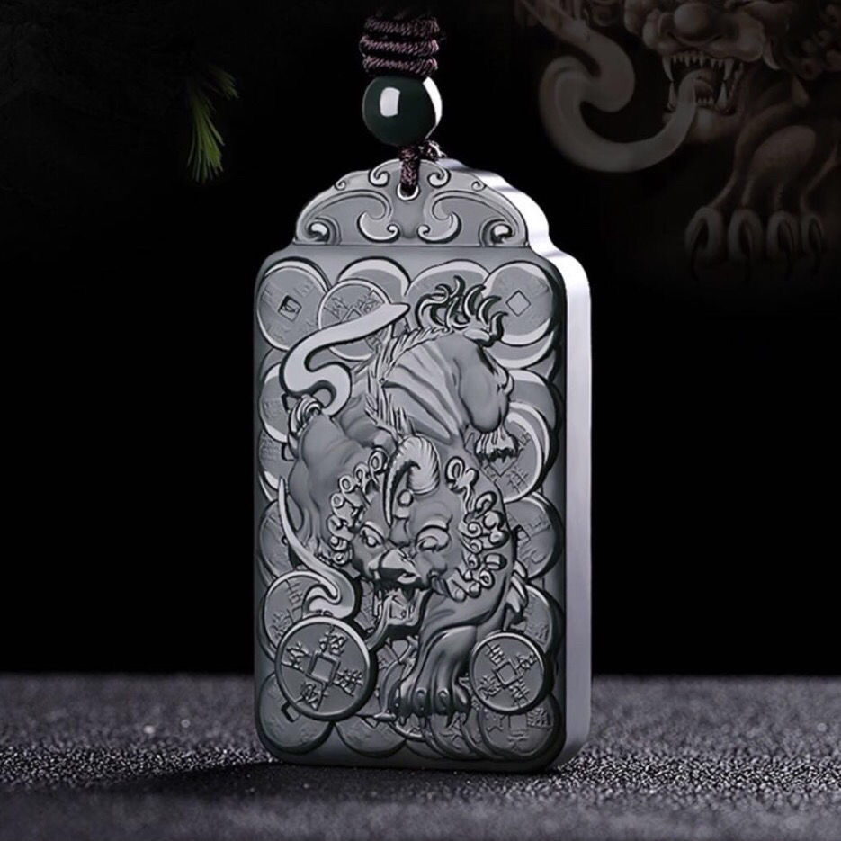 和田玉青玉塔青细料霸王貔貅吊坠大嘴纳福祥云如意玉牌男女款