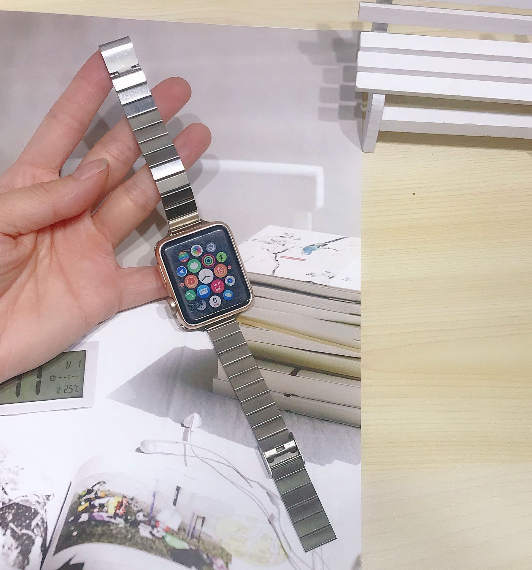 适用苹果手表apple watch6/5/4/3/se小蛮腰一株钢带14mm金属表带