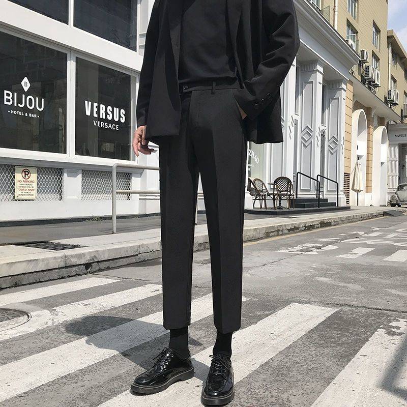 Spring Thin Casual Korean Style Elastic Waistband Slim Fit Ankle-Length Draping Effect Small Suit Pants Men's Straight Black Loose