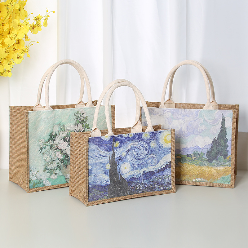 In Stock Wholesale Burlap Handbag Waterproof Printed Canvas Bag Gift Shopping Asian Cotton Linen Gunnysack