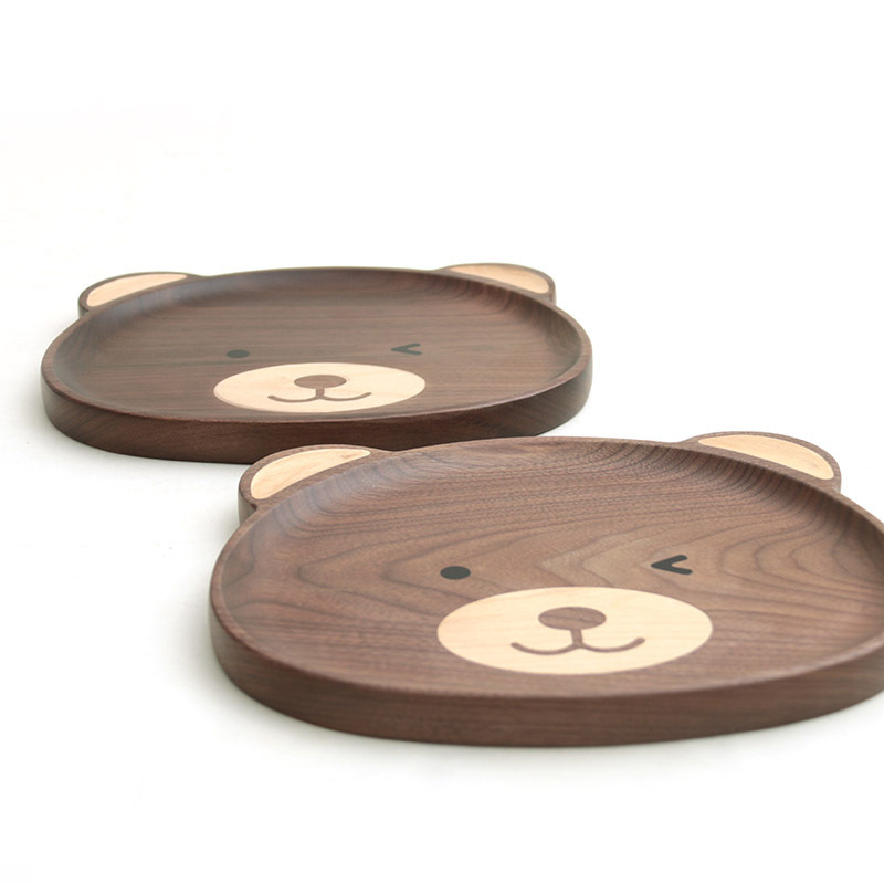 Whole Wood North America Black Walnut Solid Wood Cartoon Bear Tray Japanese Style Cute Dim Sum Plate Wooden Household Children's Dinner Plate