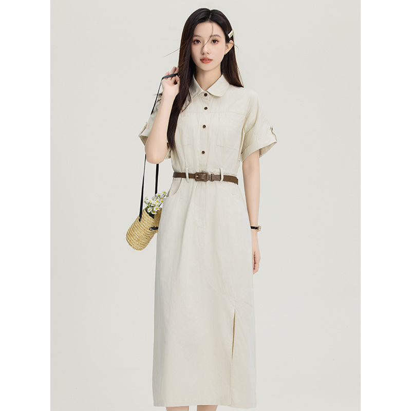 法式气质通勤教资裙polo领开叉连衣裙纯色2024夏季新款一件代发