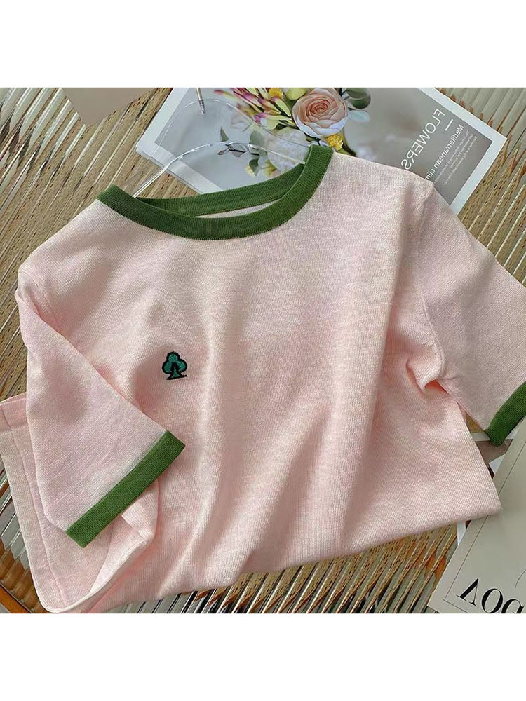 今年流行漂亮洋气的小衫独特超好看上衣粉色绿边短袖圆领t恤女夏