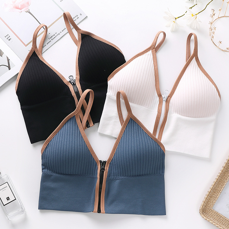 2021 Summer New Deep V Front Zipper Beautiful Back Wrapped Chest Women's Small Breast Push up Underwear Anti-Slip Sling Vest Summer