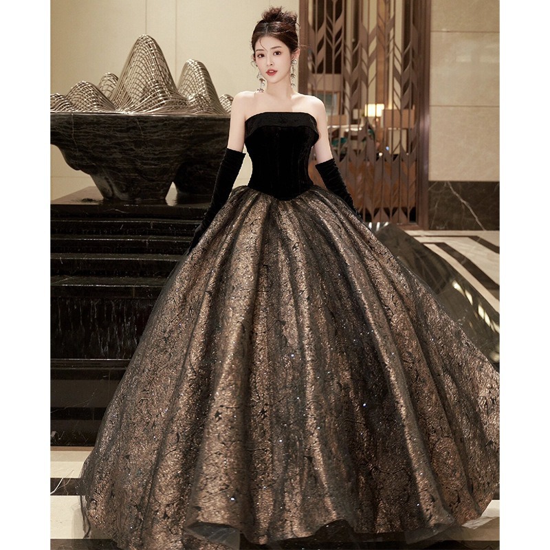 年会抹胸晚礼服细闪高级感走秀主持人演出服女学生声乐艺考连衣裙