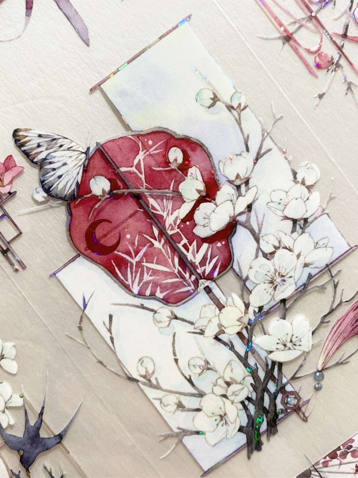 手帐分装胶带b24瑞雪寻梅新七天扇子花窗屏风古风素材账流麻贴纸