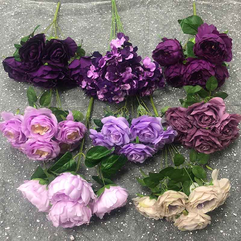 婚庆紫色系花玫瑰迷雾洋牡丹婚礼堂装饰吊顶路引插花绢花叶材