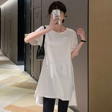 韩国版型设计简约百搭宽松长款纯色开叉圆领短袖恤衫女夏装