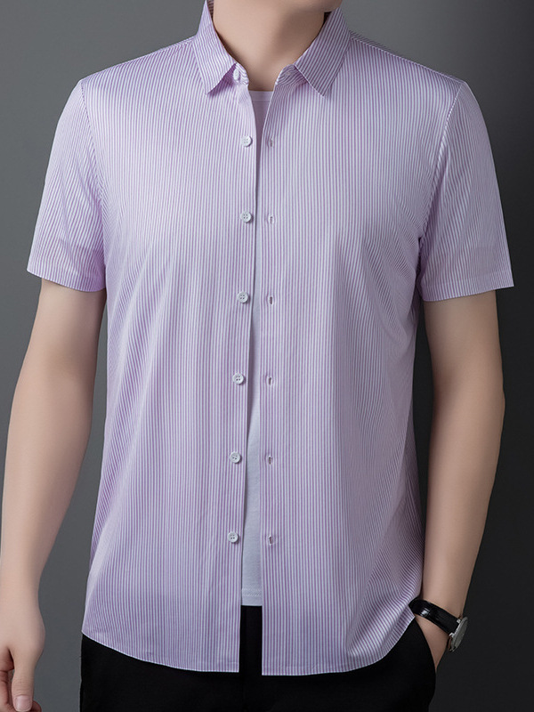 恒源祥桑蚕丝短袖衬衫男士2024夏季新款商务感免烫条纹衬衣男