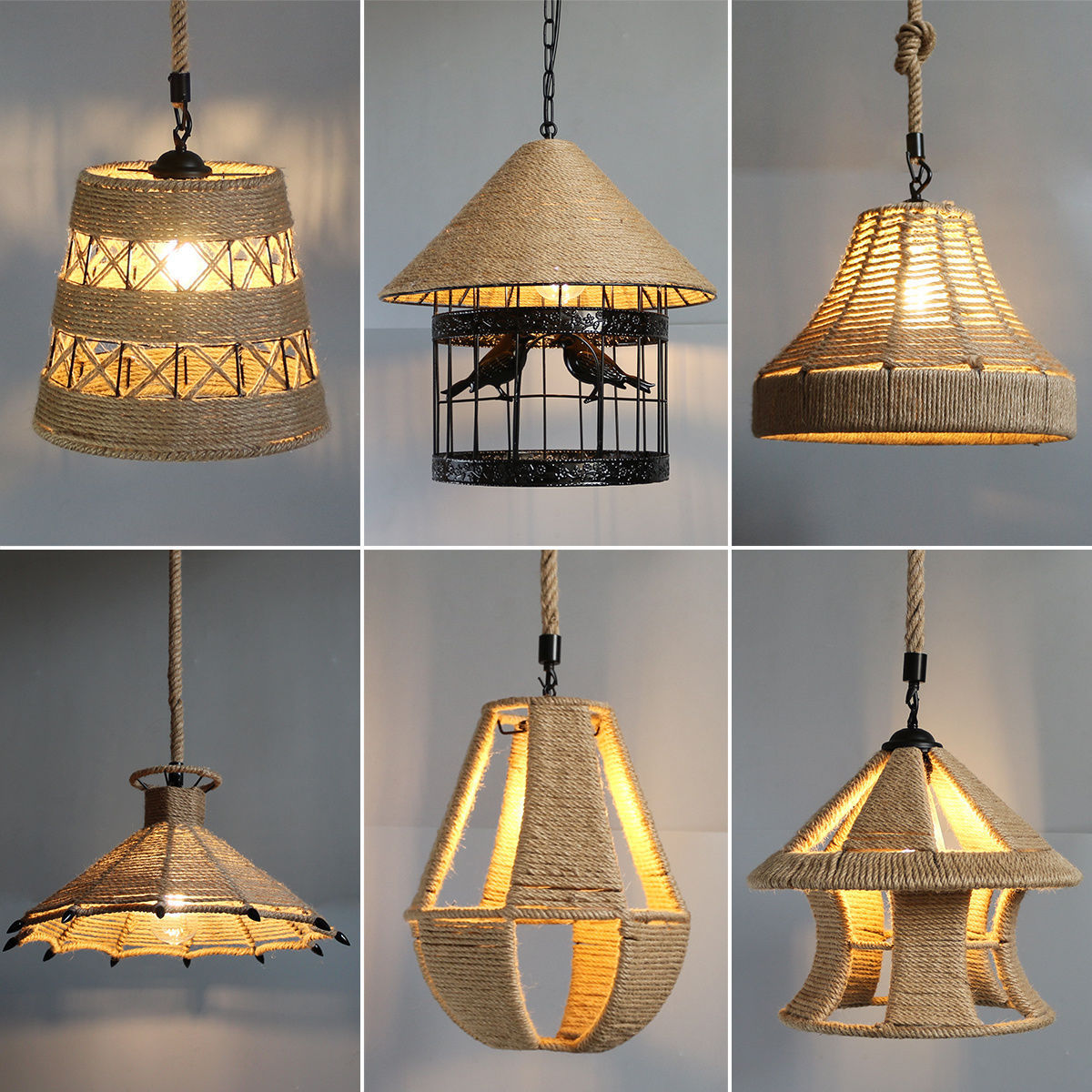 餐厅吊灯卧室装饰吊灯餐厅灯吧台麻绳吊灯灯罩茶室吊灯复古麻绳灯