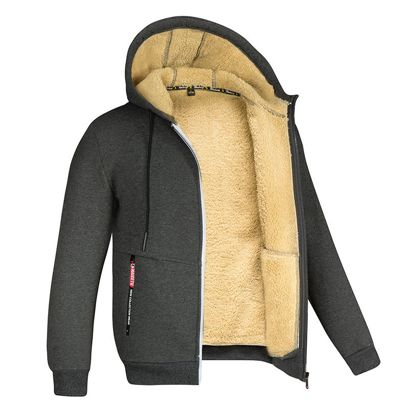 Cross-Border Lambswool Men's Sweater Autumn and Winter Fleece-lined Thickened Hooded Sportswear Casual Cardigan Warm Coat