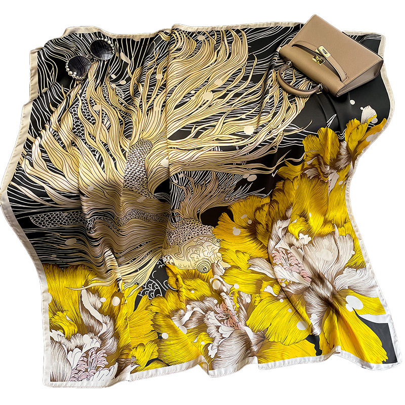 Spring and Autumn Lightweight Flower Harbor View Kingyo Hanabi Black Golden Brocade Large Kerchief Women's Summer Sun Protection Air-Conditioner Shawl