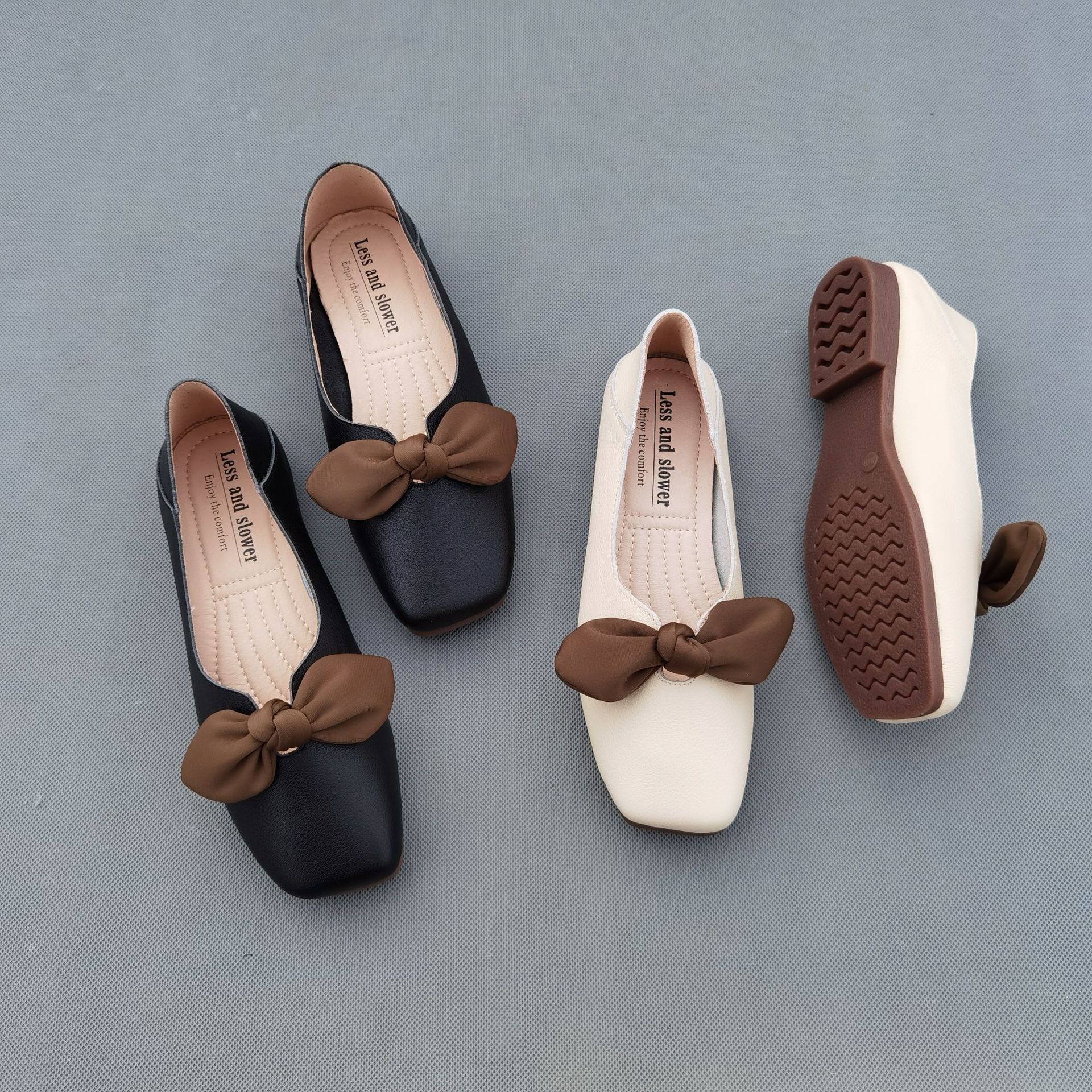 春夏两穿牛皮女单鞋 蝴蝶结小方头皮鞋 很舒服l1835