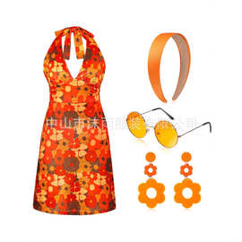 万圣节2026亚马逊新款嬉皮表演服装挂脖印花连衣裙复古风包臀短裙