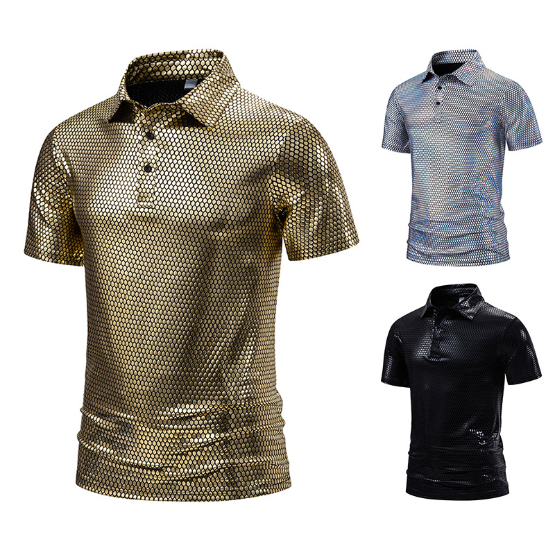 跨境2024新款夏季男士聚会舞台亮面上衣短袖t恤男休闲翻领polo衫