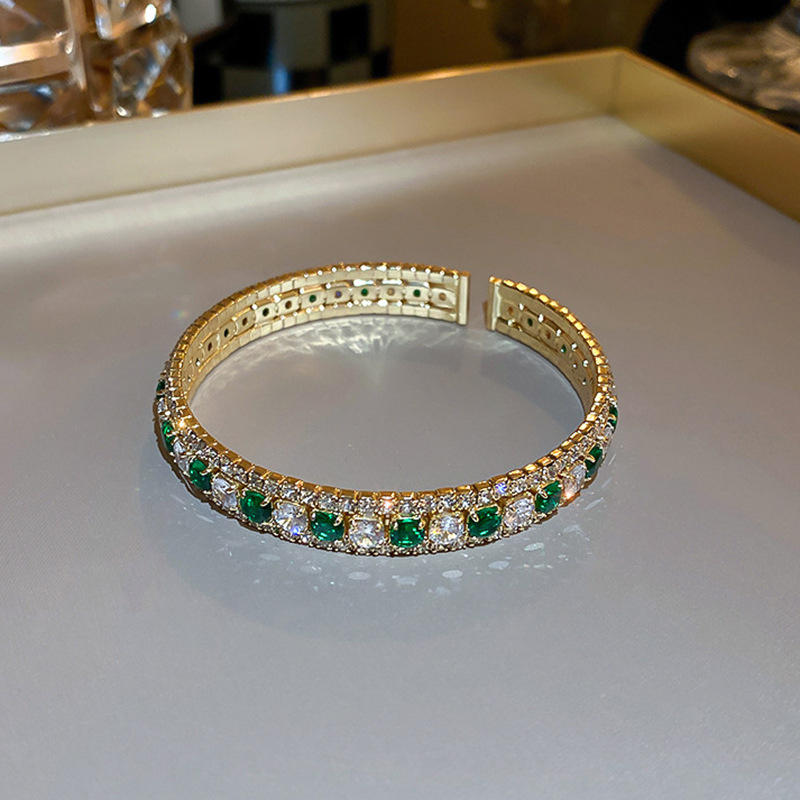 High-Grade Emerald Diamond-Embedded Open Bracelet Ins Niche Design Bracelet Korean-Style Fashionable All-Match Bracelet