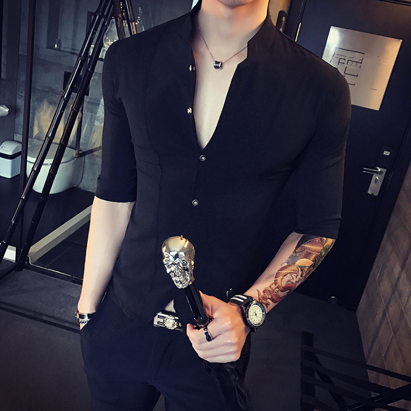 夏季夜店男装帅气短袖立领七分袖衬衫韩版修身发型师中袖衬衣潮流