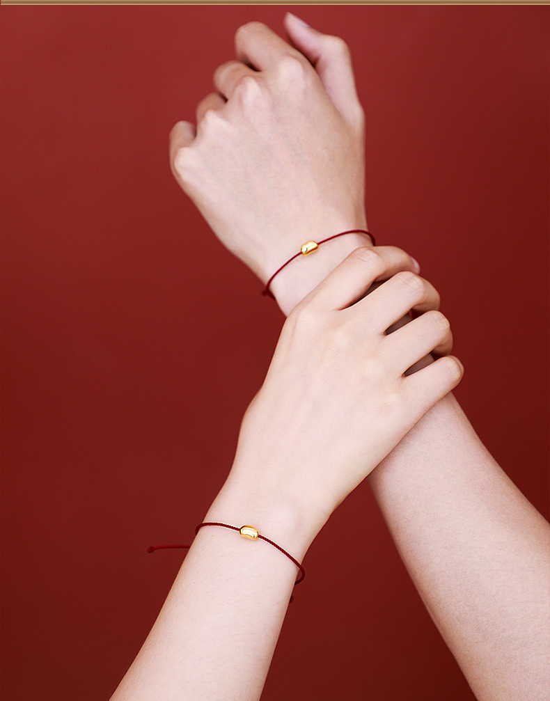 3d硬金黄金转运珠足金手链情侣硬金手绳相思小金豆七夕礼物送女友