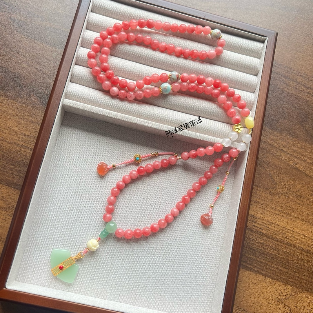 天然红纹石108颗圆珠长款毛衣项链民族风多圈扇形如意吊坠文艺女