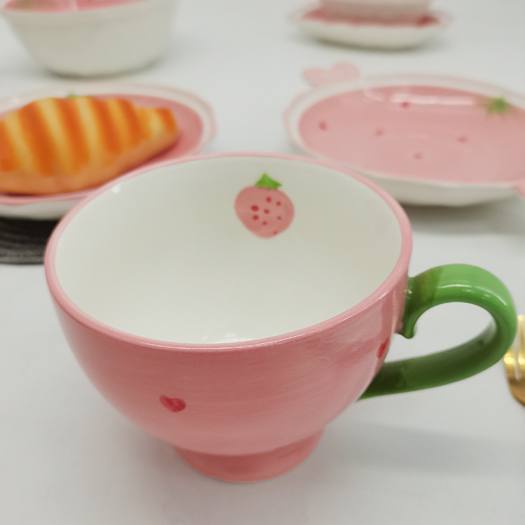 Pink Strawberry Ceramic Bowl Online Influencer Cute Girl's Heart-Shaped Fruit Disc Soup Bowl Breakfast Cup Creative Household Tableware