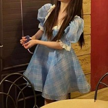 时尚泡泡袖蓝色连衣裙女2024夏季新款甜美风时尚短款蓬蓬裙