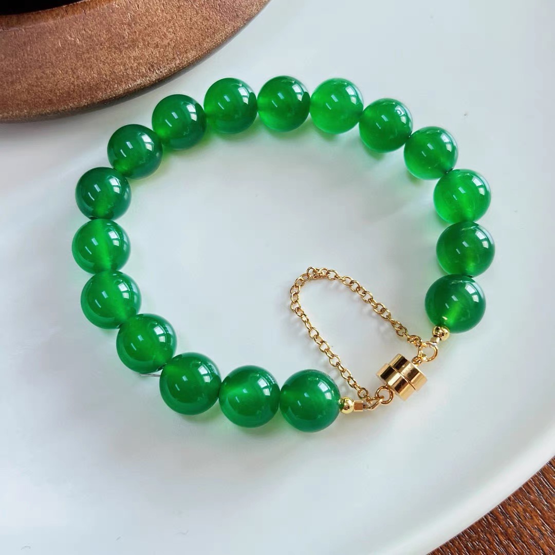 时尚潮流天然绿玉髓手链帝王绿圆珠翡翠色珠链女高贵时尚大颗粒珠