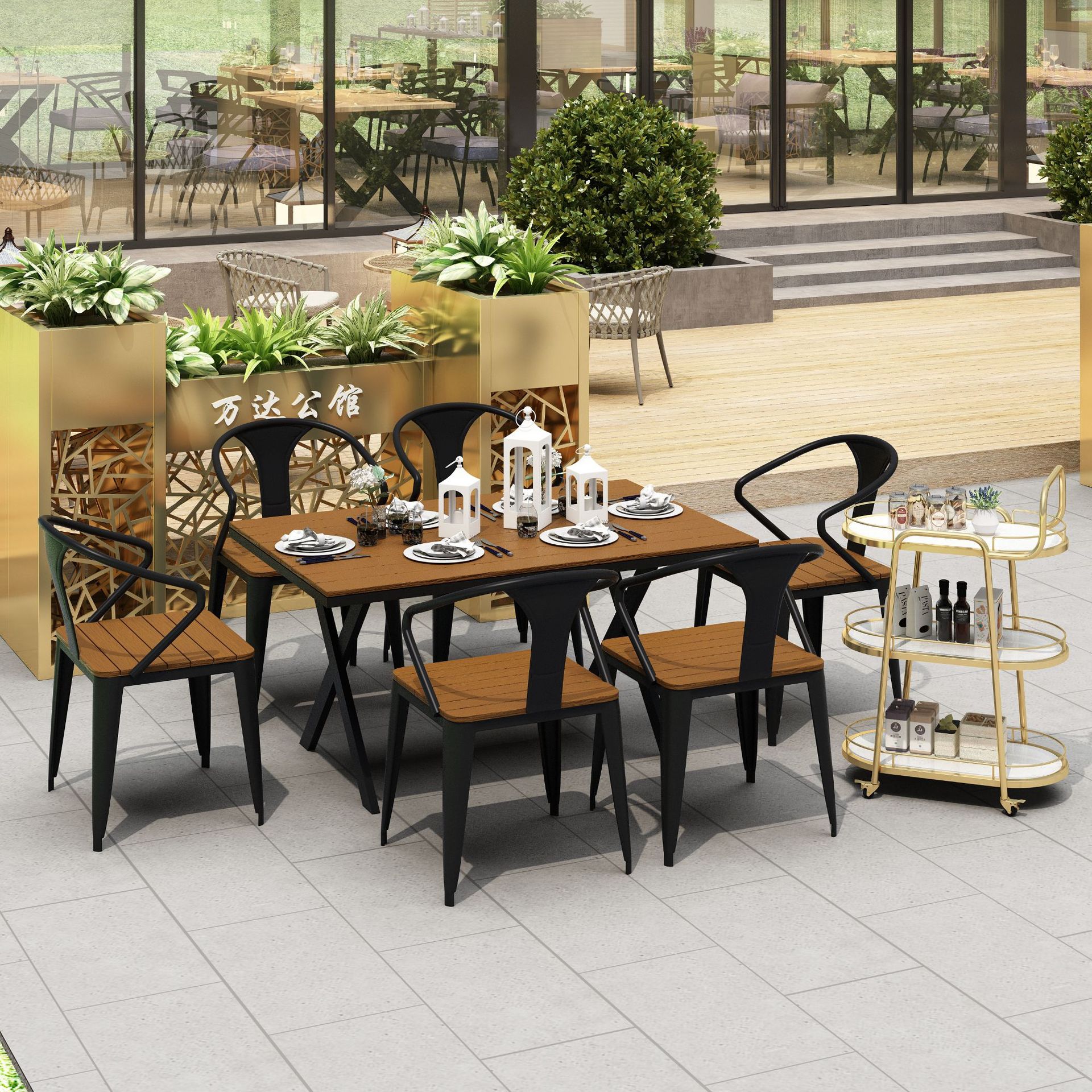 pe塑木桌椅户外连体公园椅铁艺桌椅组合花园庭院座椅景区长凳配套