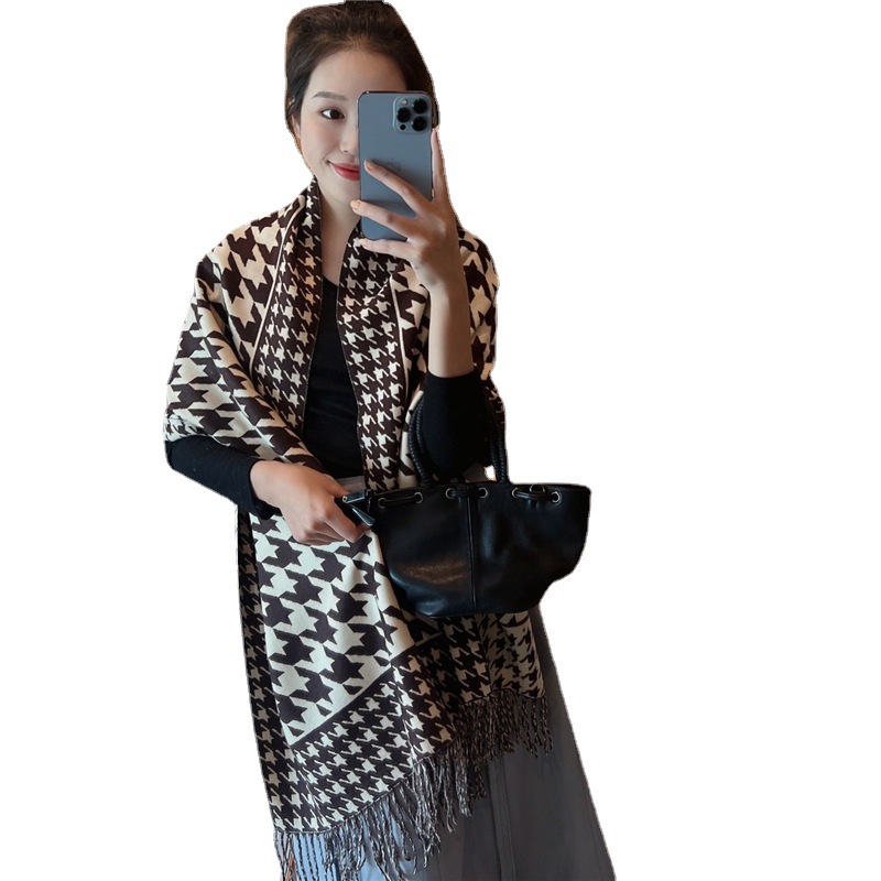 2022 New Core-Spun Yarn Scarf Women's Double-Sided Houndstooth Thickened Warm Scarf Student Tassel Shawl Air-Conditioned Room