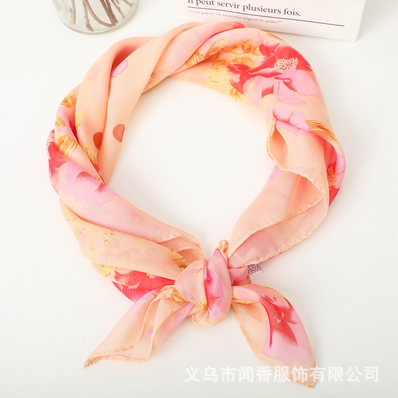 2022 Spring and Summer New Arrival 65cm Artificial Silk Printed Small Square Scarf Women's Neck Protection Sun Protection Scarf Chiffon Scarf