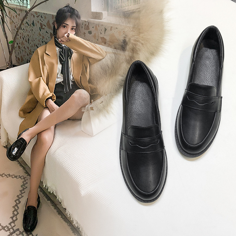 配西装的小皮鞋日系女jk圆头黑色皮鞋英伦风平底乐福鞋学生一脚蹬