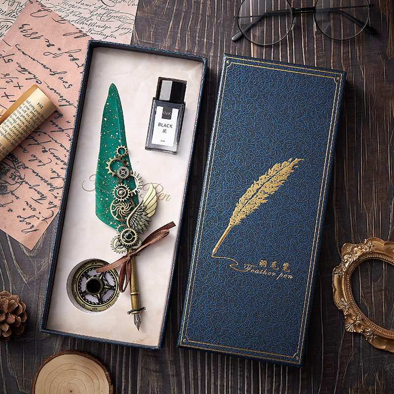 European-Style Retro Pen Gift Box Set Dip Pen Mechanical Feather Pen Fire Paint Seal Birthday Gift Business Gift