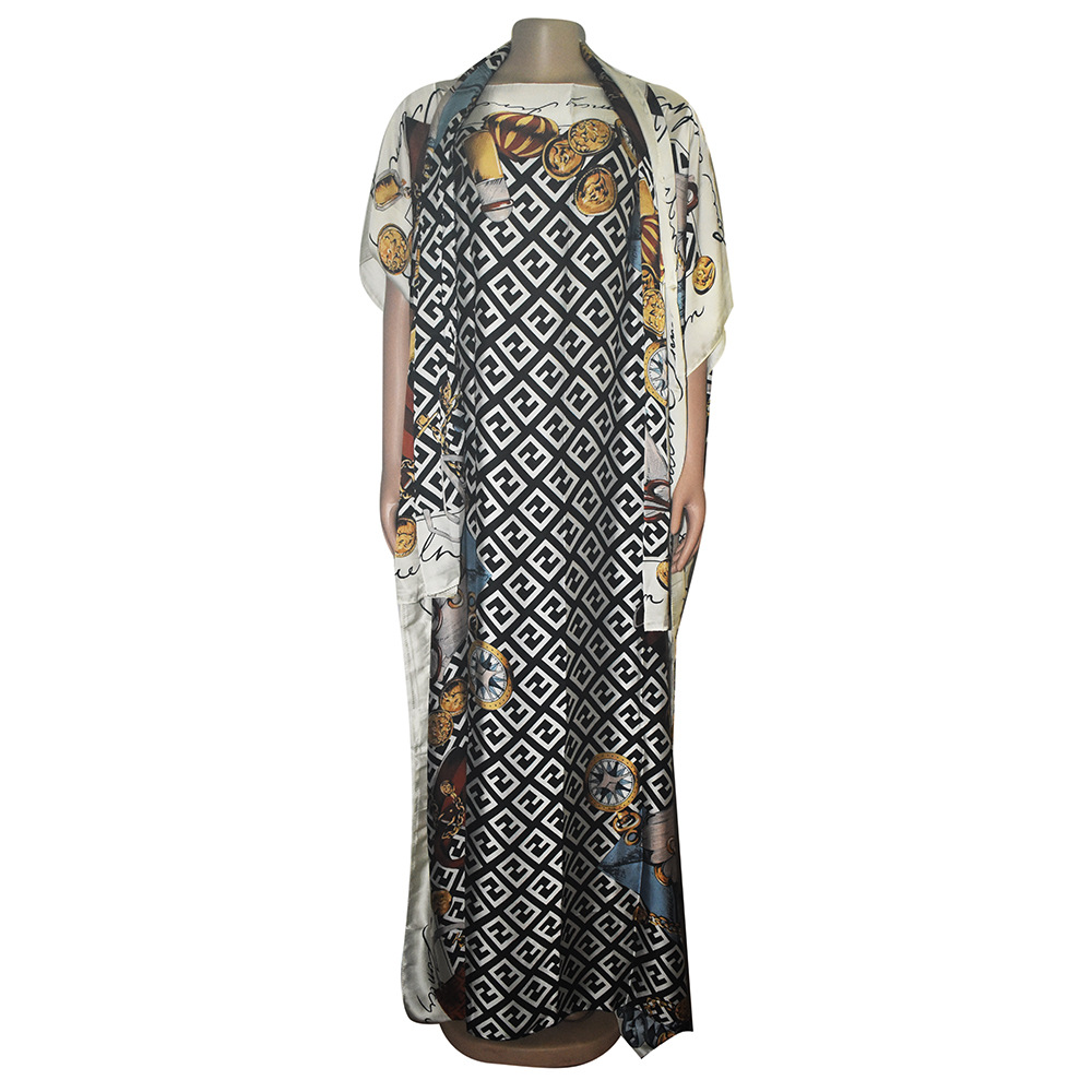 Cross-Border African Mom Hot Selling Imitation Silk plus Size Long Dress with Headscarf