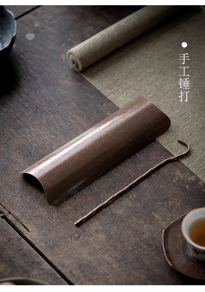 紫铜茶则手工锻打茶荷日式手作茶扒茶拨茶匙两件套功夫茶具零配件
