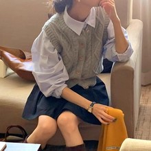 韩国东大门复古学院风麻花针织马 蓝色条纹衬衫背心黑色短裙套装