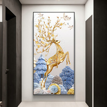 玄关客厅装饰画北欧金色麋鹿晶瓷画沙发背景墙挂画入户过道墙壁画